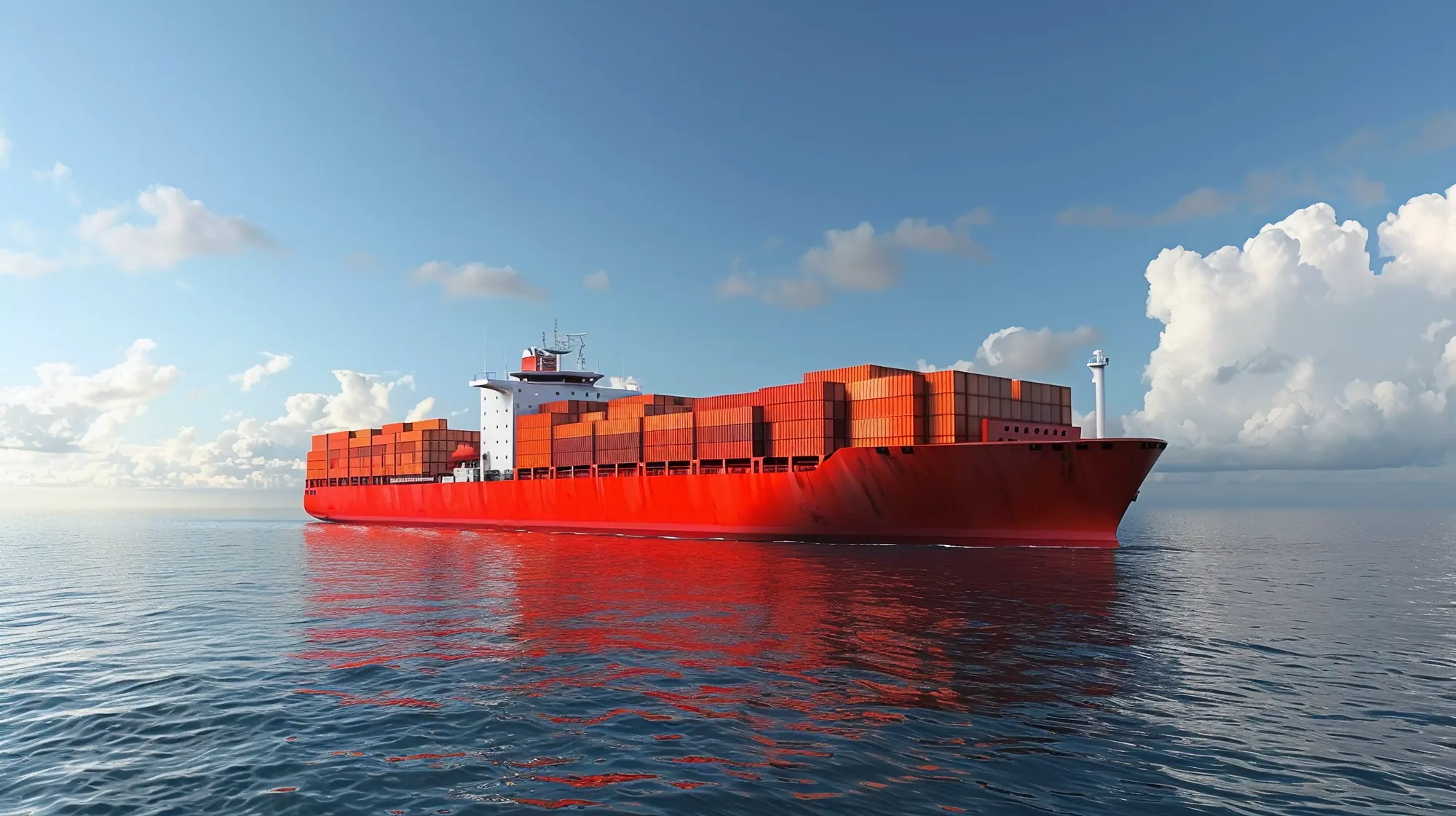 Container ship stacked with boxes at sea