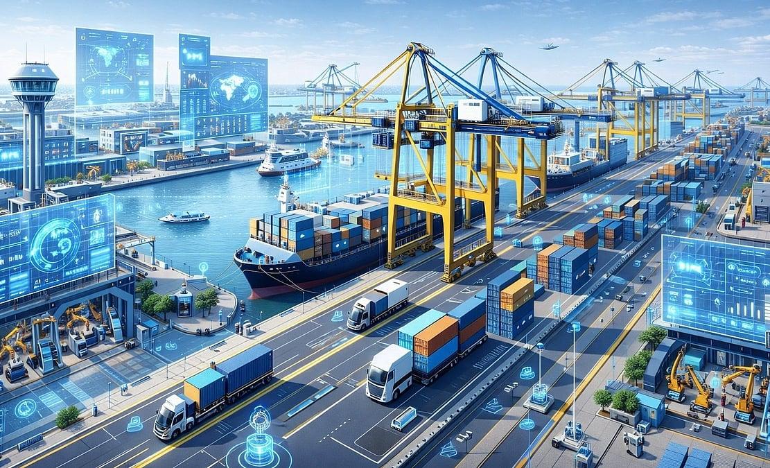 Futuristic digital port with trucks, cranes and data overlays