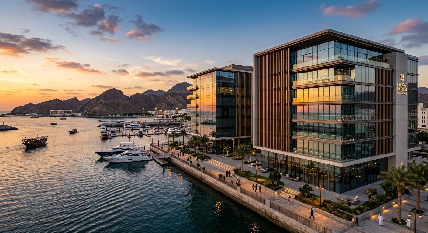 Modern waterfront office building at sunset