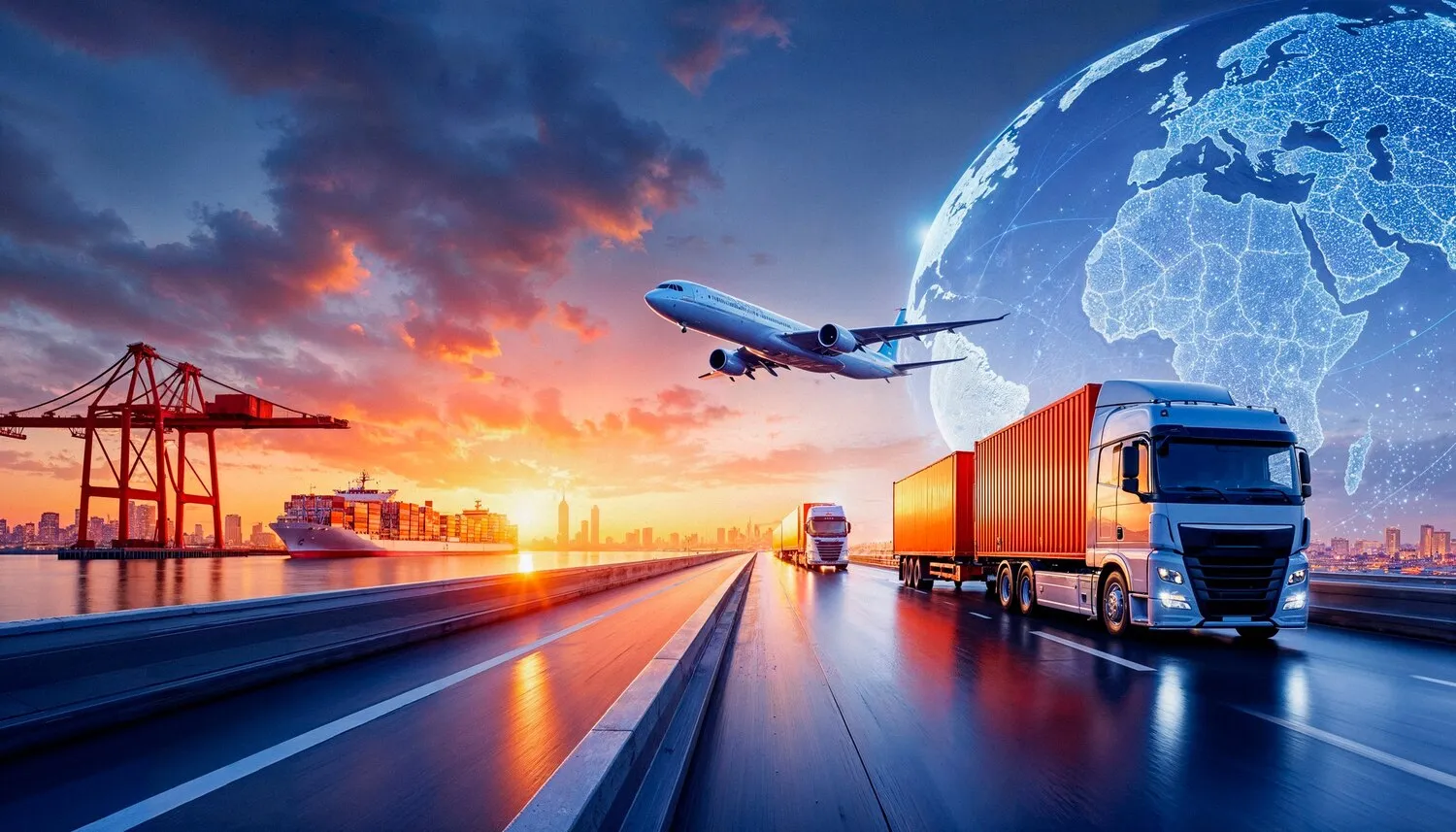 Trucks on a highway beside a container port